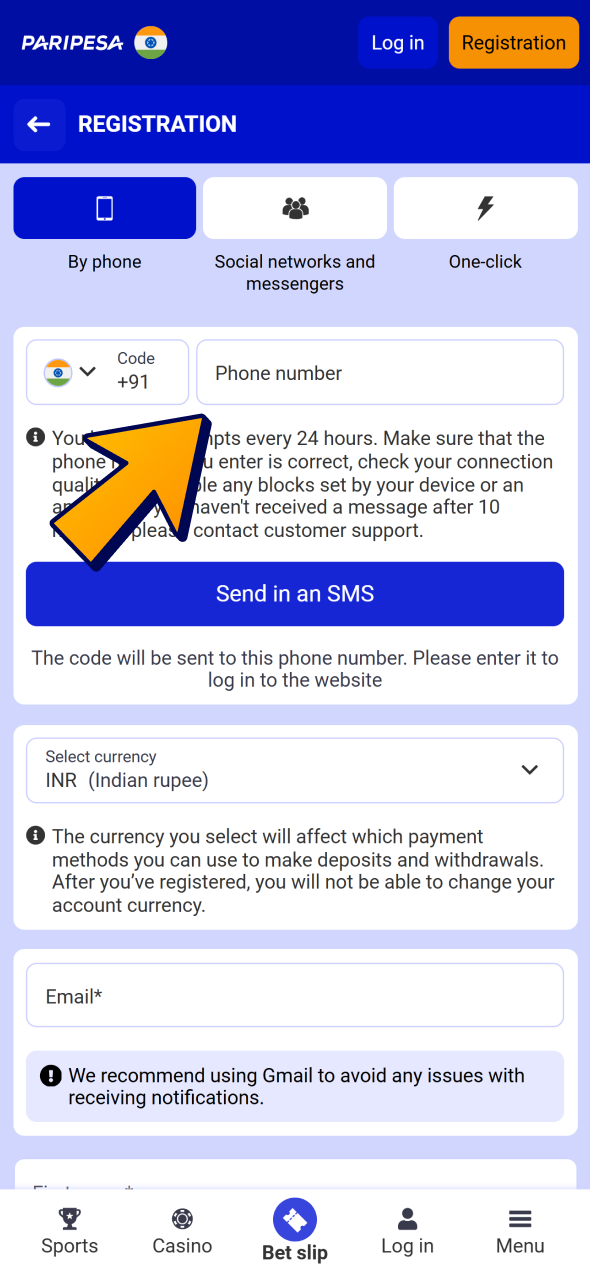 Create an account using one of registration options at Paripesa.