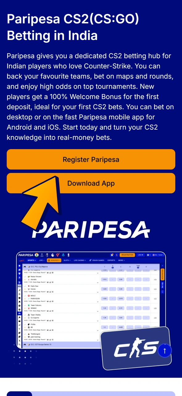 Open Paripesa from this page to start betting on CS2 matches.