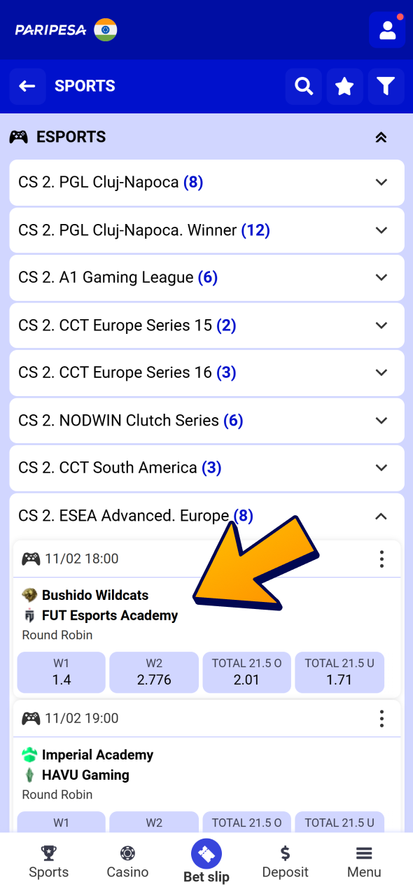 Find CS2 markets at Paripesa esport section and choose match.