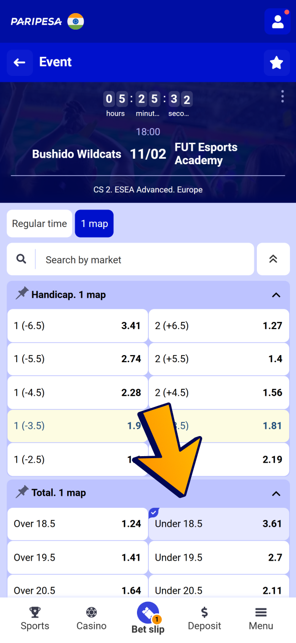 Click on market and place your first CS2 bet at Paripesa.