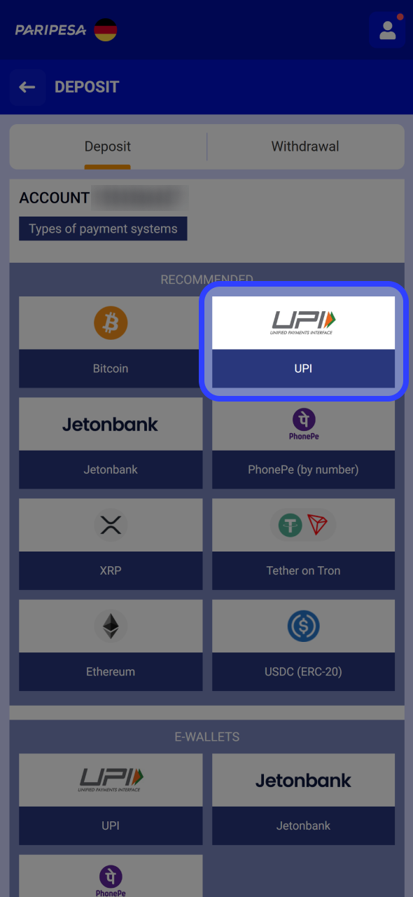 Choose deposit method to top up your paripesa account.