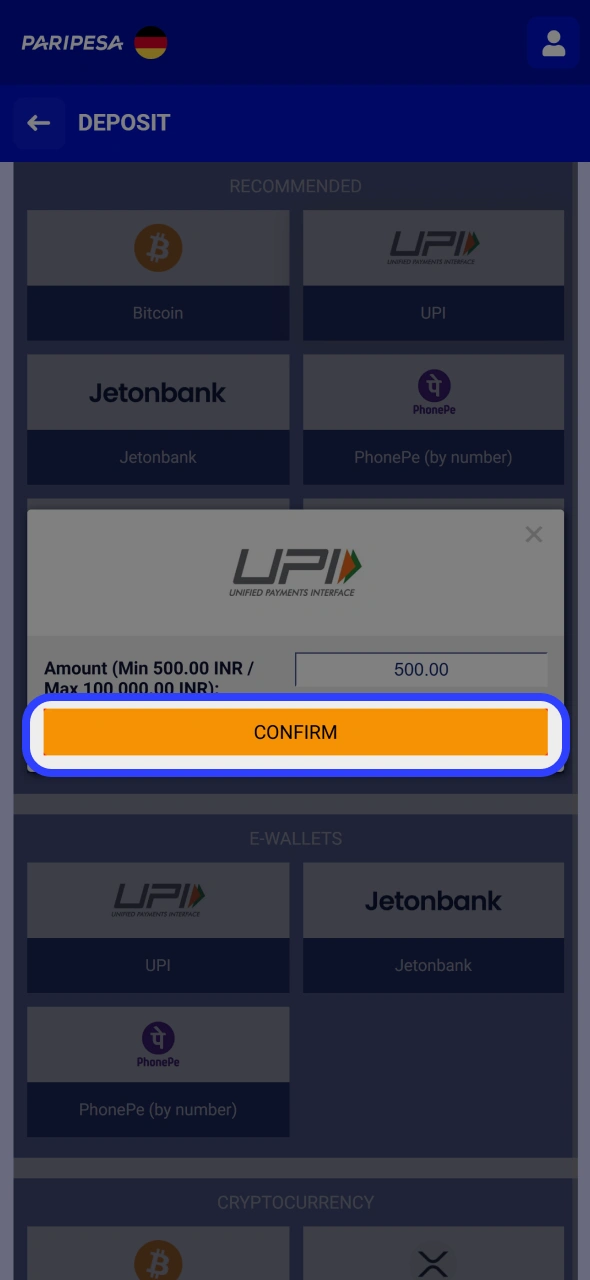 Confirm deposit and go to sports or casino section at Paripesa website or app.