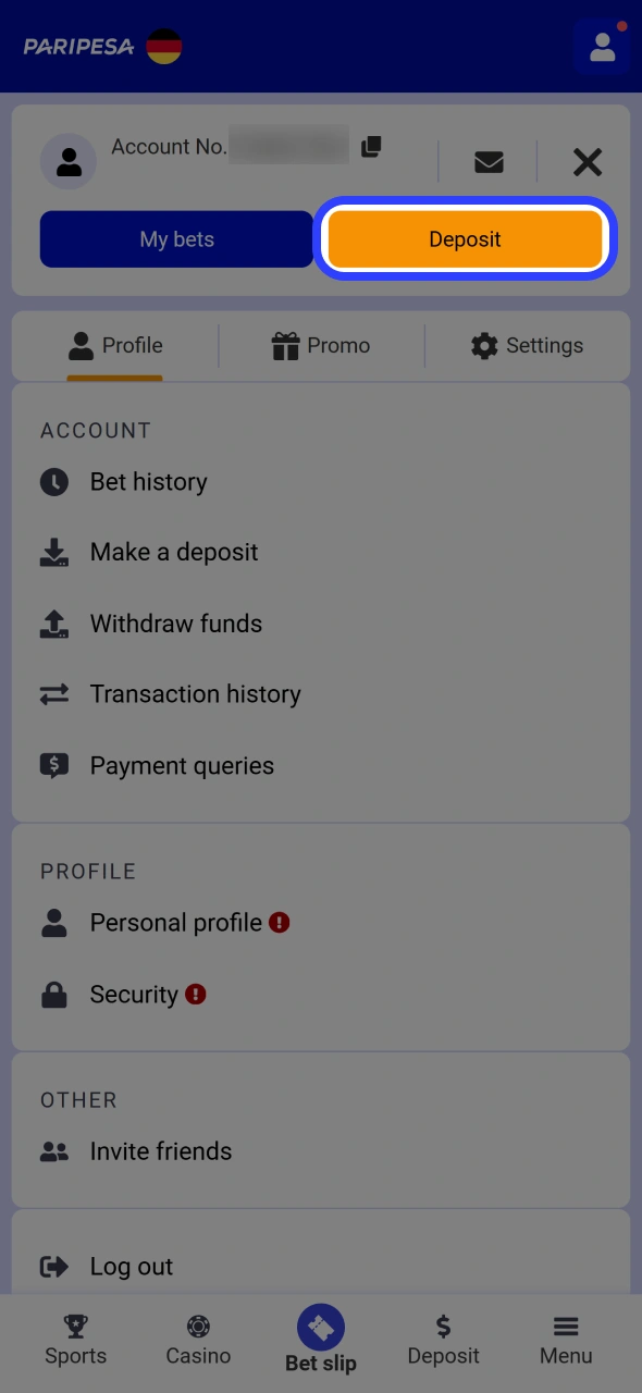 Find deposit section at your account or bottom Paripesa menu.