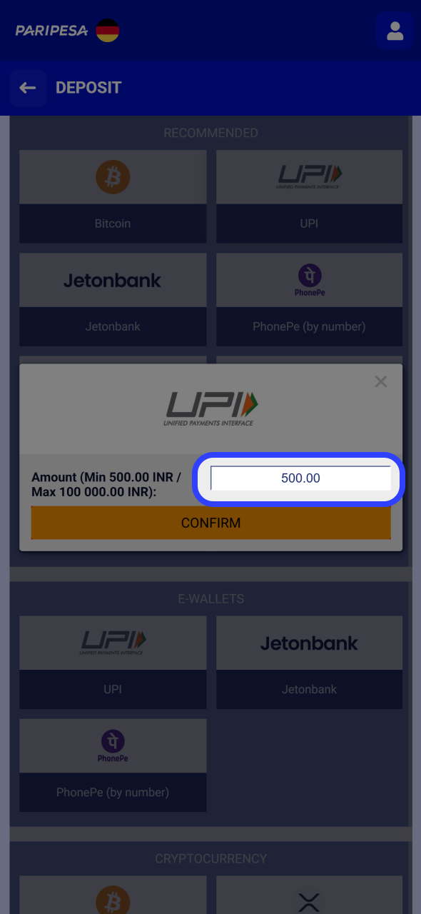 Enter deposit amount and other details if needed at Paripesa deposit form.