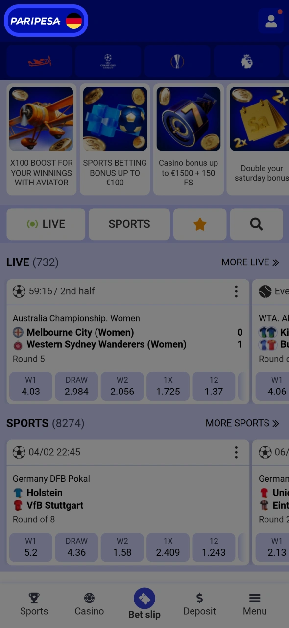 Open official Paripesa website or downloaded app and login.