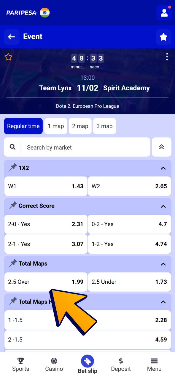 Place bet on one of provided Dota 2 markets and wait for your win at Paripesa esports.