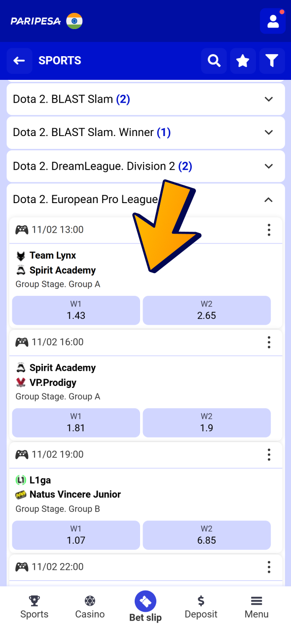 Open Paripesa esports section and choose Dota 2 matches to bet on.