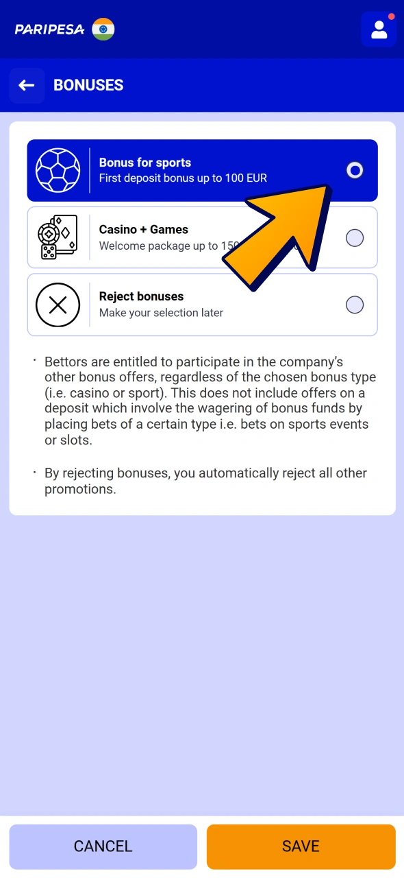 Choose sports welcome bonus to get extra for your betting deposit at Paripesa.