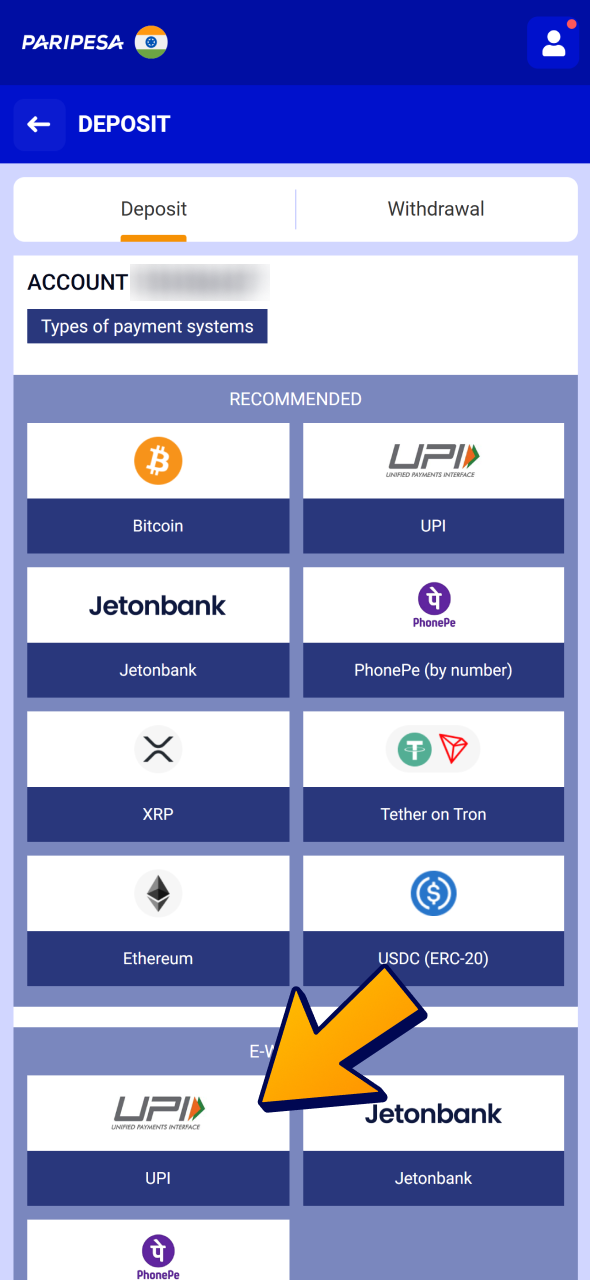 Make a deposit with indian payment methods at Paripesa.