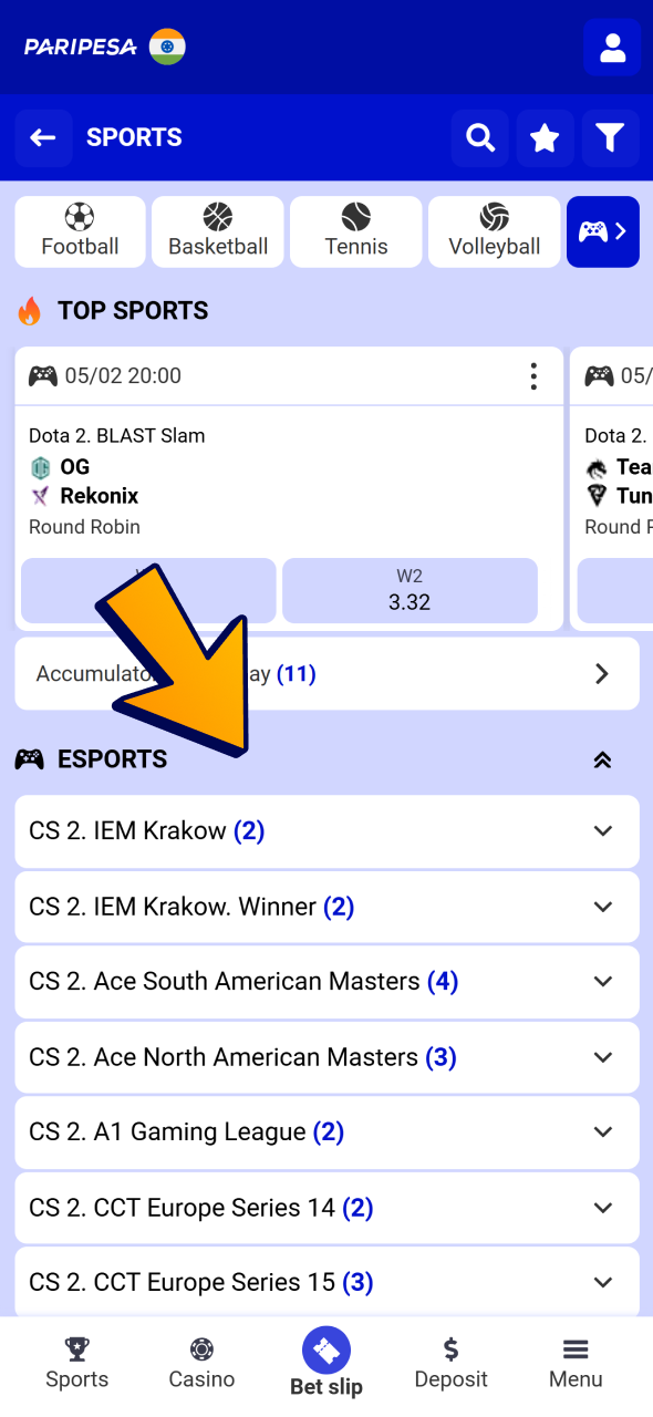 Open esports at Paripesa sports section.