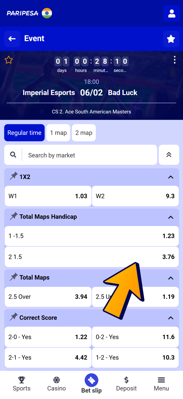 Choose market and place your esprots bet at Paripesa app.