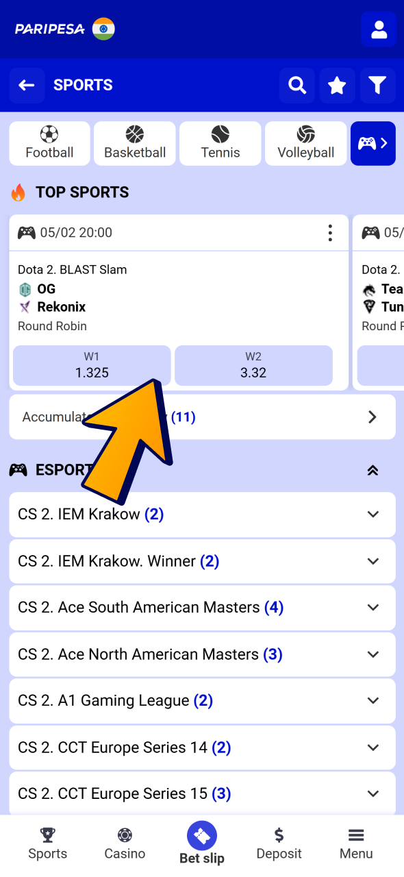 Open Paripesa sports section and find esports tab.