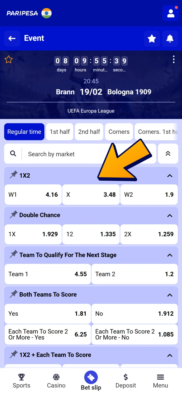Select football market and click on it to place bet at Paripesa.