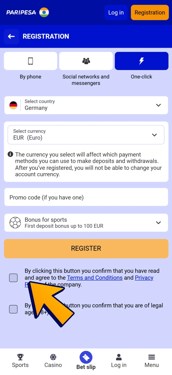 Choose registration method and check all checkboxes to create account for your football betting at Paripesa.