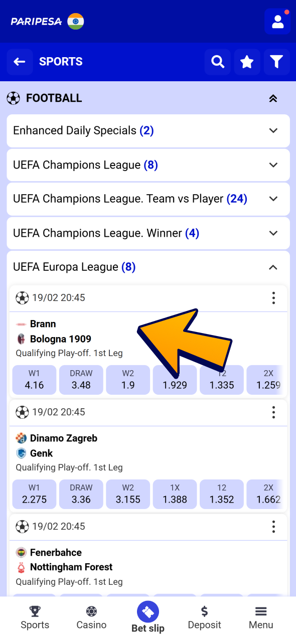 Choose football competition and click on it at Paripesa sports.