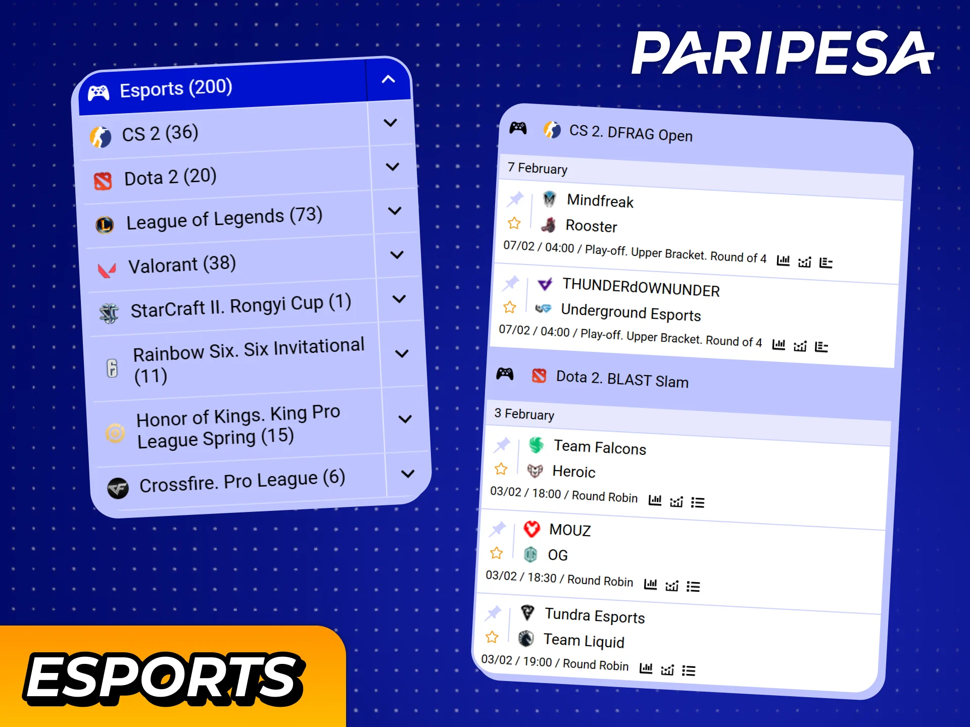 Start eSports betting on popular tournaments with Paripesa.