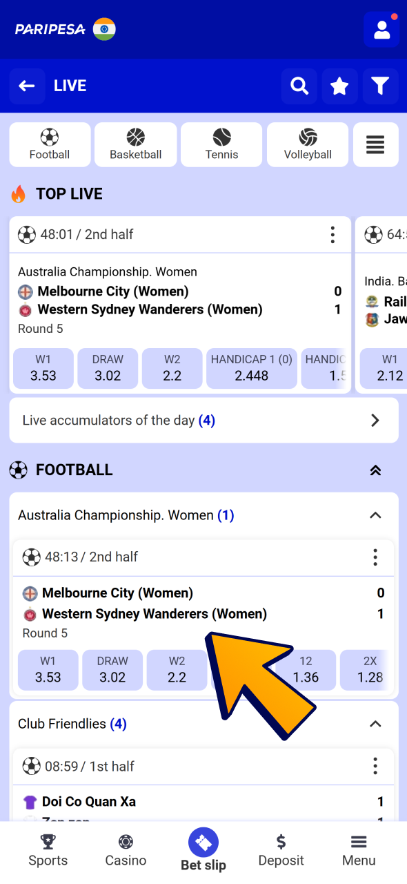 Tap on sport tournament you want to place bet on at Paripesa sports.