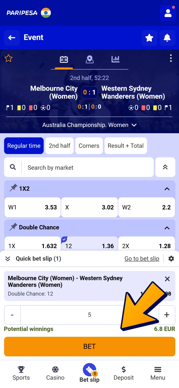 Enter bet amount and confirm your Paripesa sport bet.