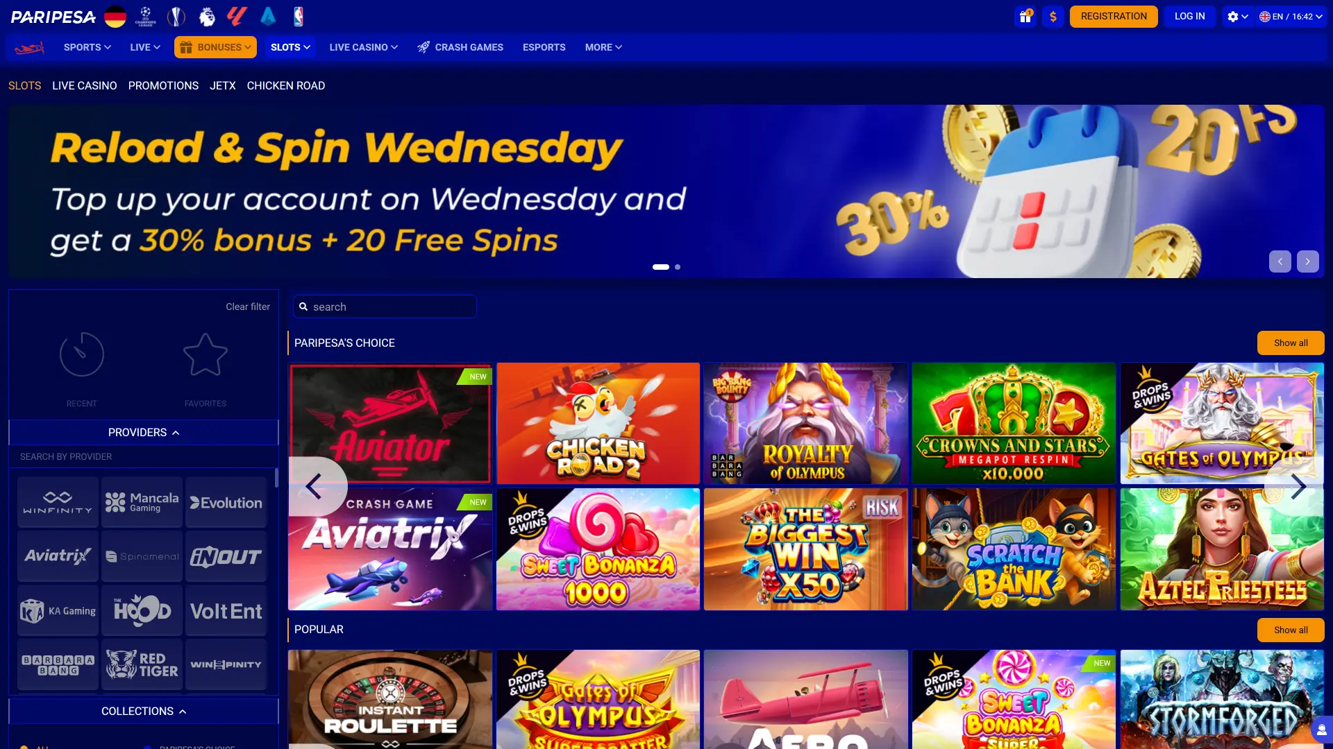 Play many popular games at official Paripesa casino.