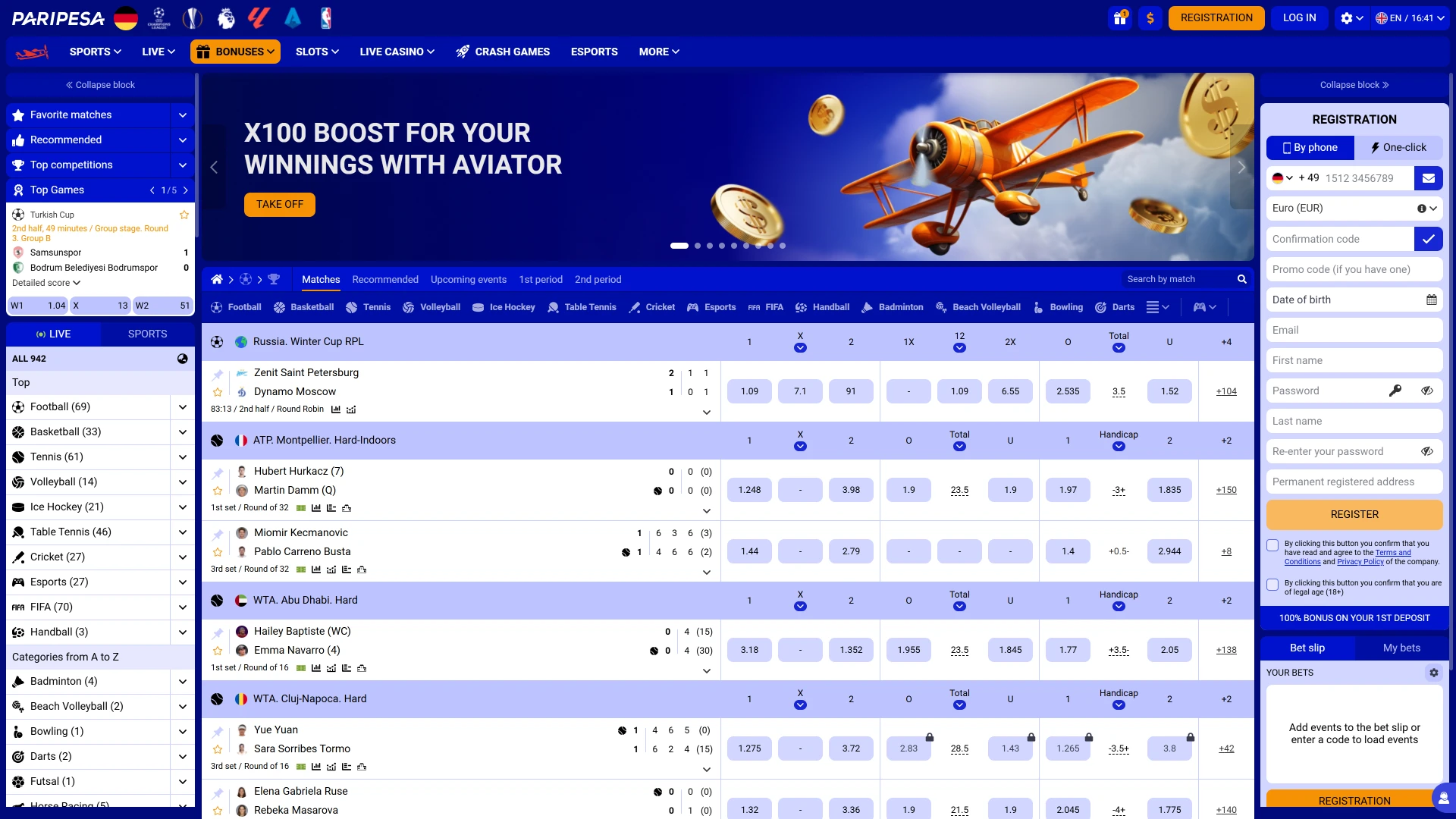 Visit Paripesa main page to see current bonuses and live sports tournaments.