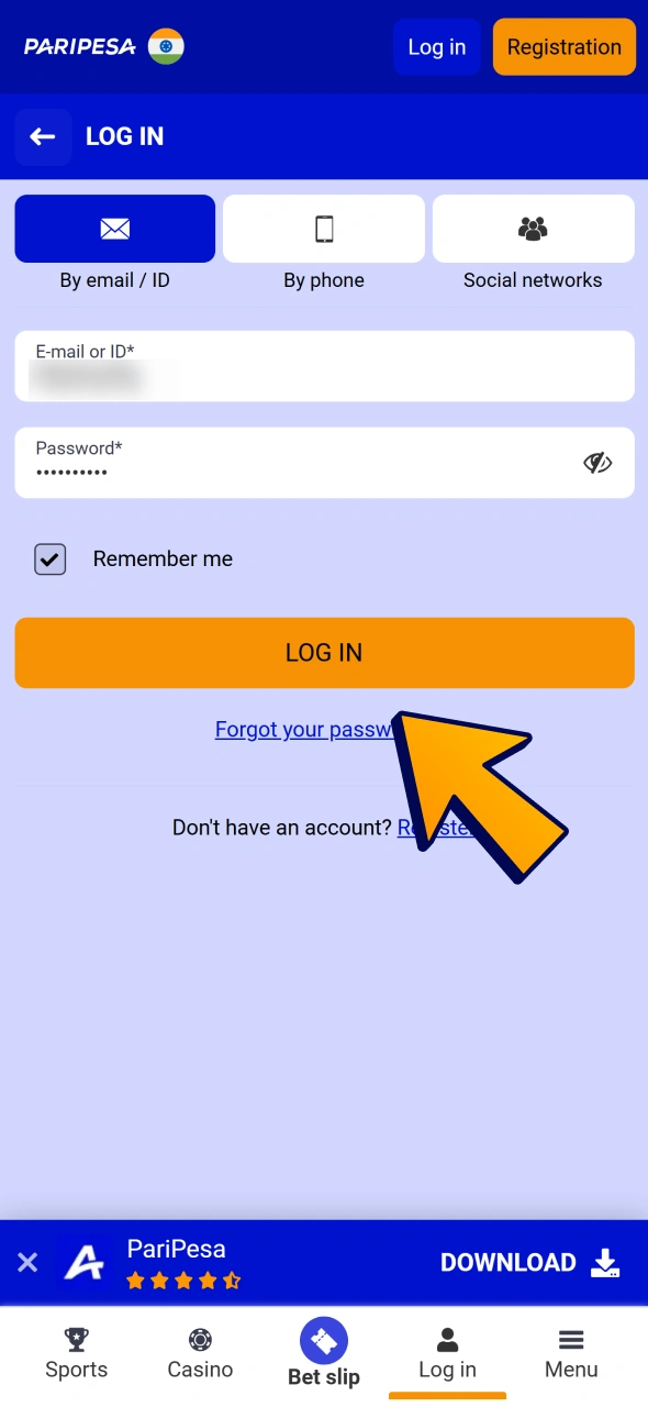 Confirm login form and enter the Paripesa gaming dashboard.