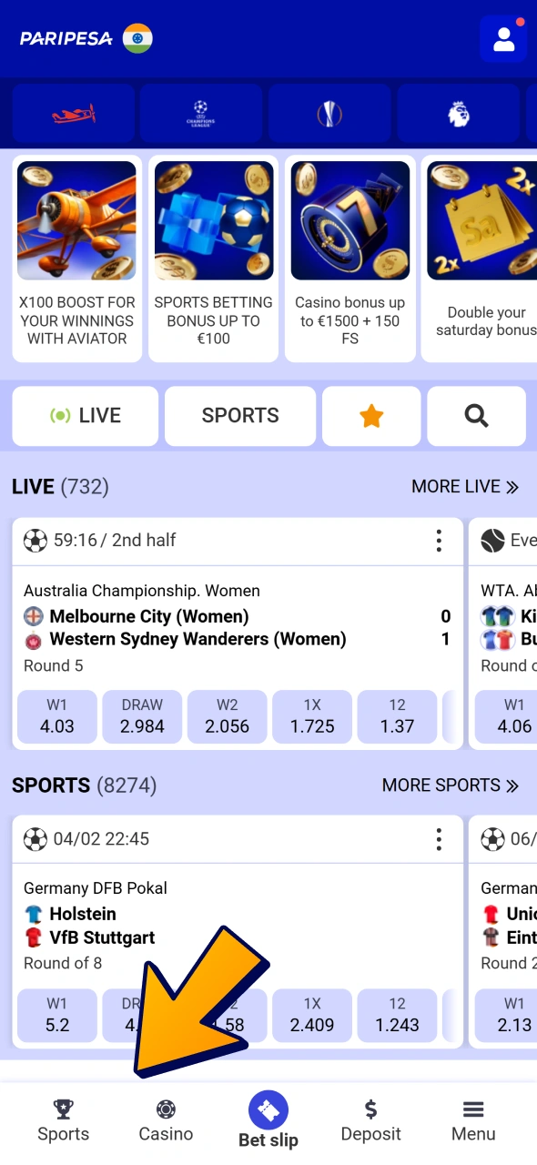 Open the sports betting section after your successful Paripesa login.