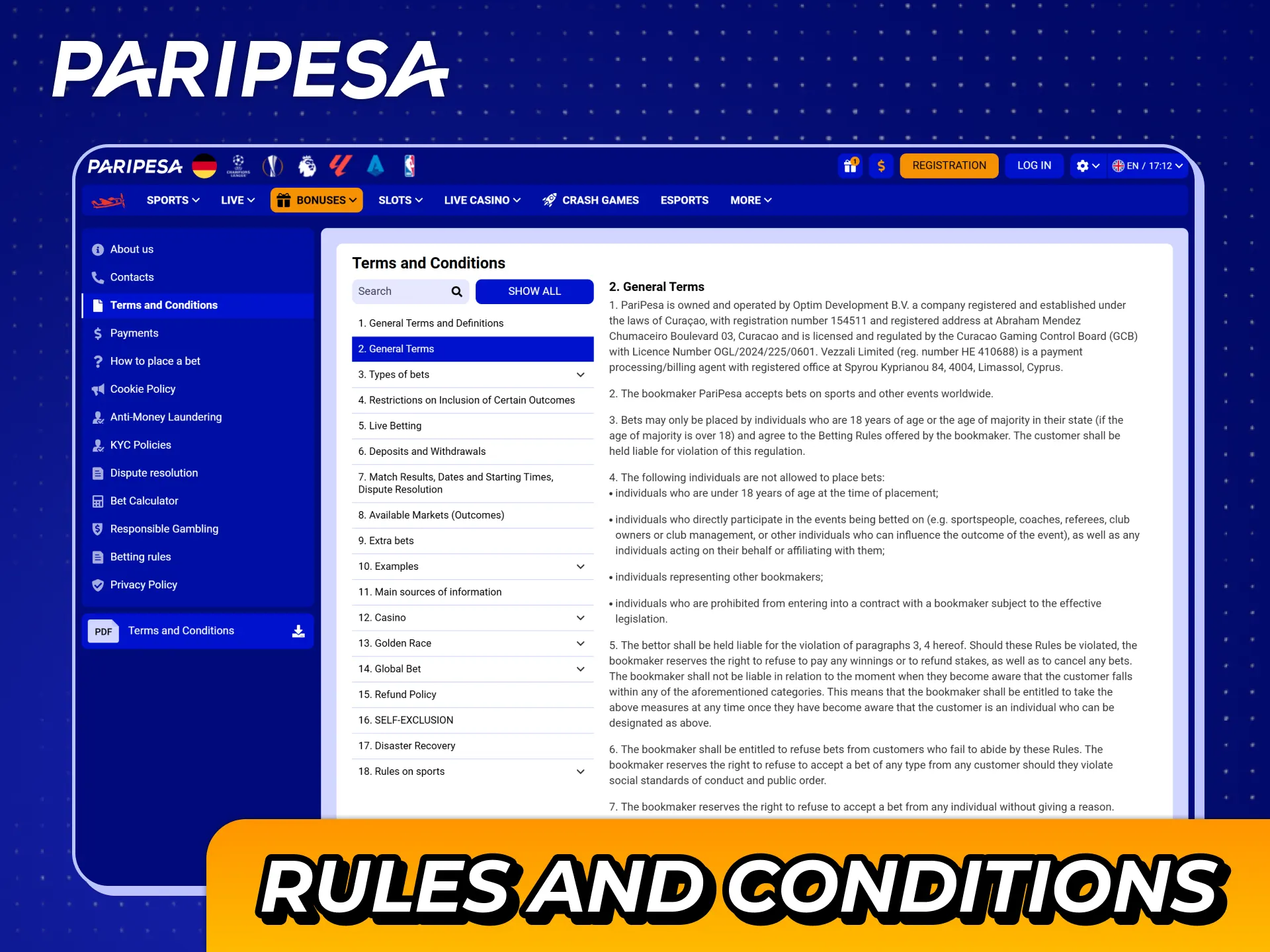 Read about Paripesa rules and conditions before you start playing.