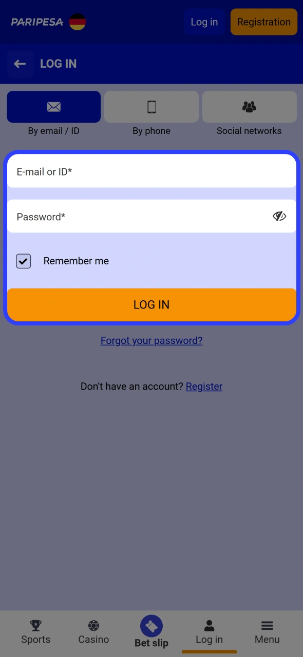 Choose registration method or login into your Paripesa account.