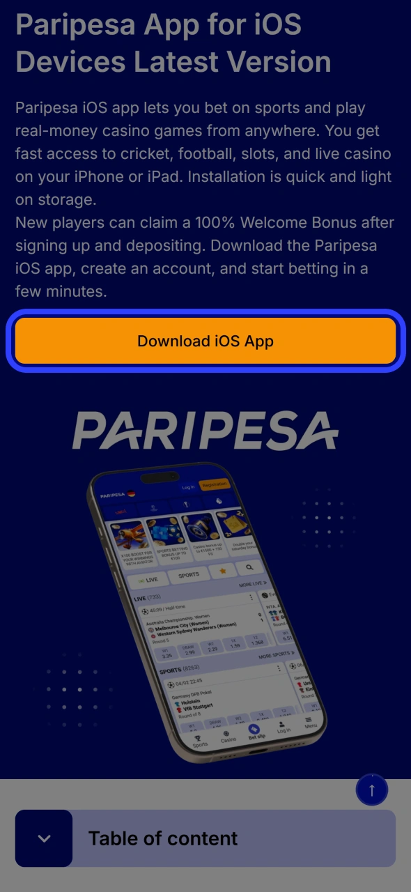 Click on button on this page to go to official Paripesa website.