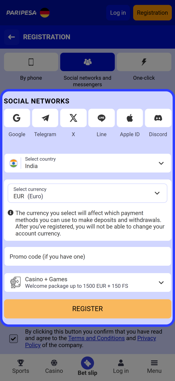 Get Paripesa account filling up registration form.