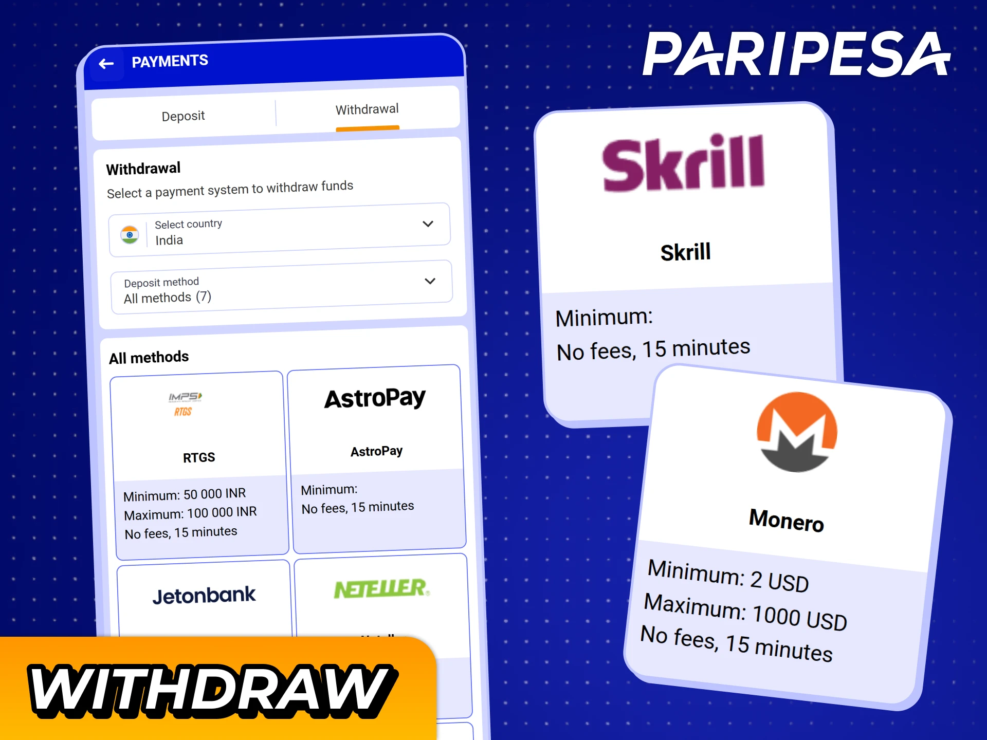 Withdraw your winning with provided payment methods at Paripesa iOS app.