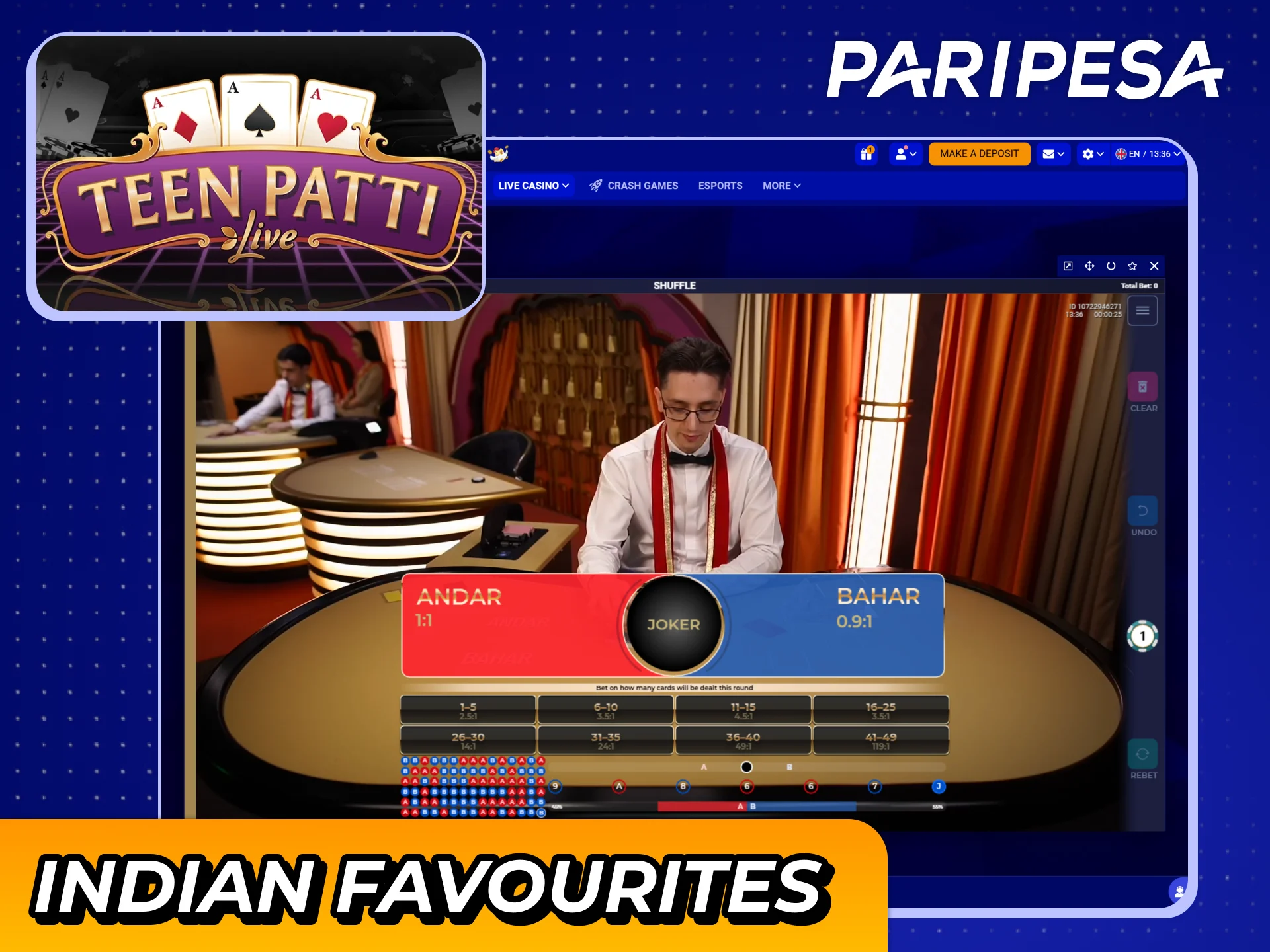 Play many live indian games at Pripesa casino.