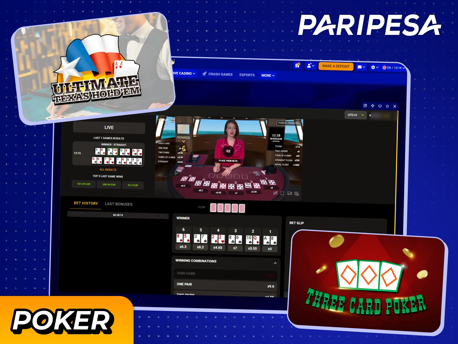 Play live Poker games with other players at official Paripesa casino.