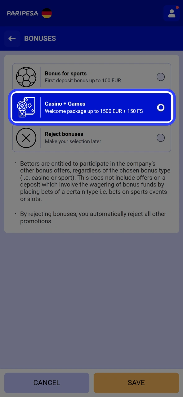 Choose casino welcome bonus before making deposit at Paripesa.