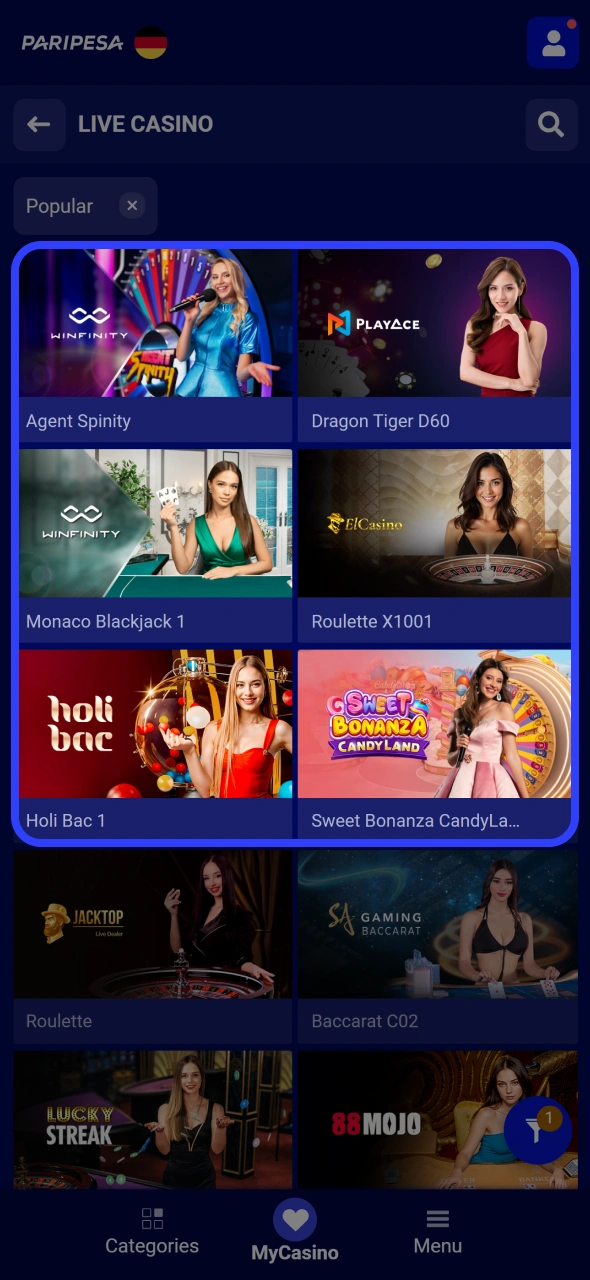 Select any live casino you like and start playing at Paripesa casino.