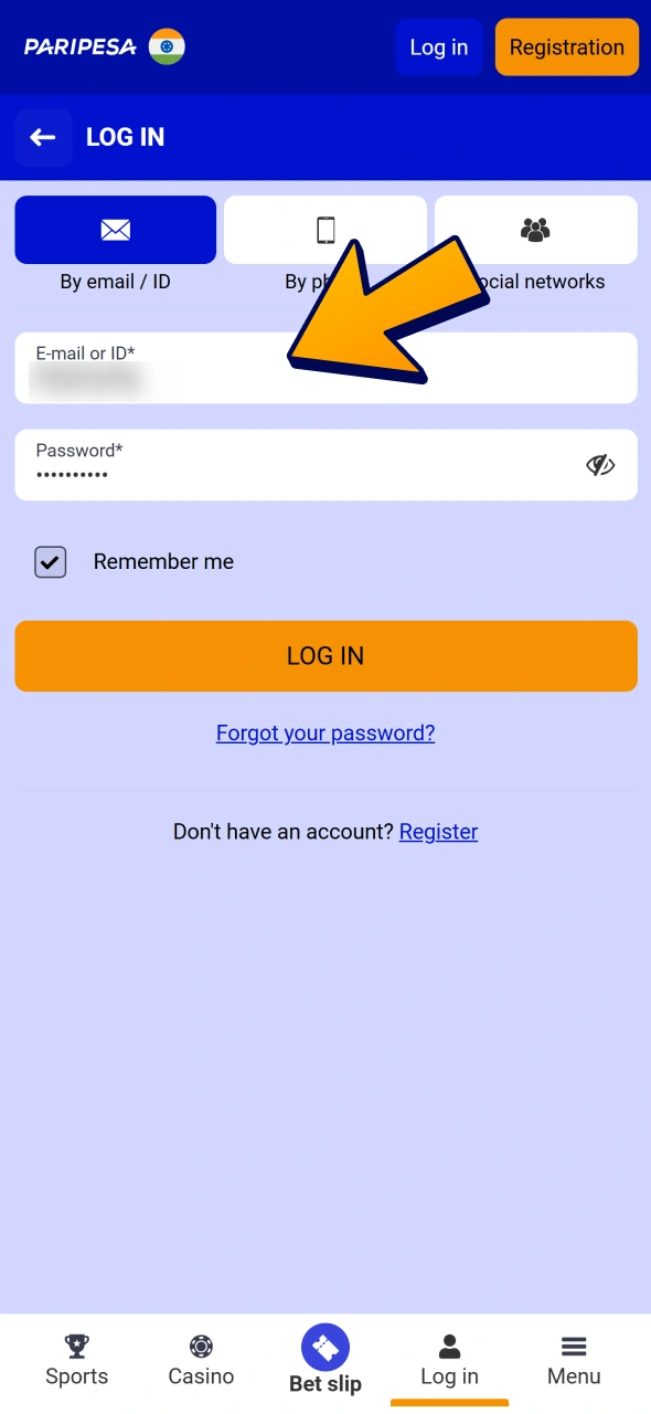 Fill Paripesa login fields with your email and password.
