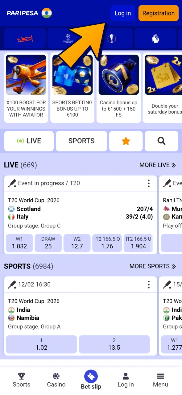 Open login form at Paripesa menu.