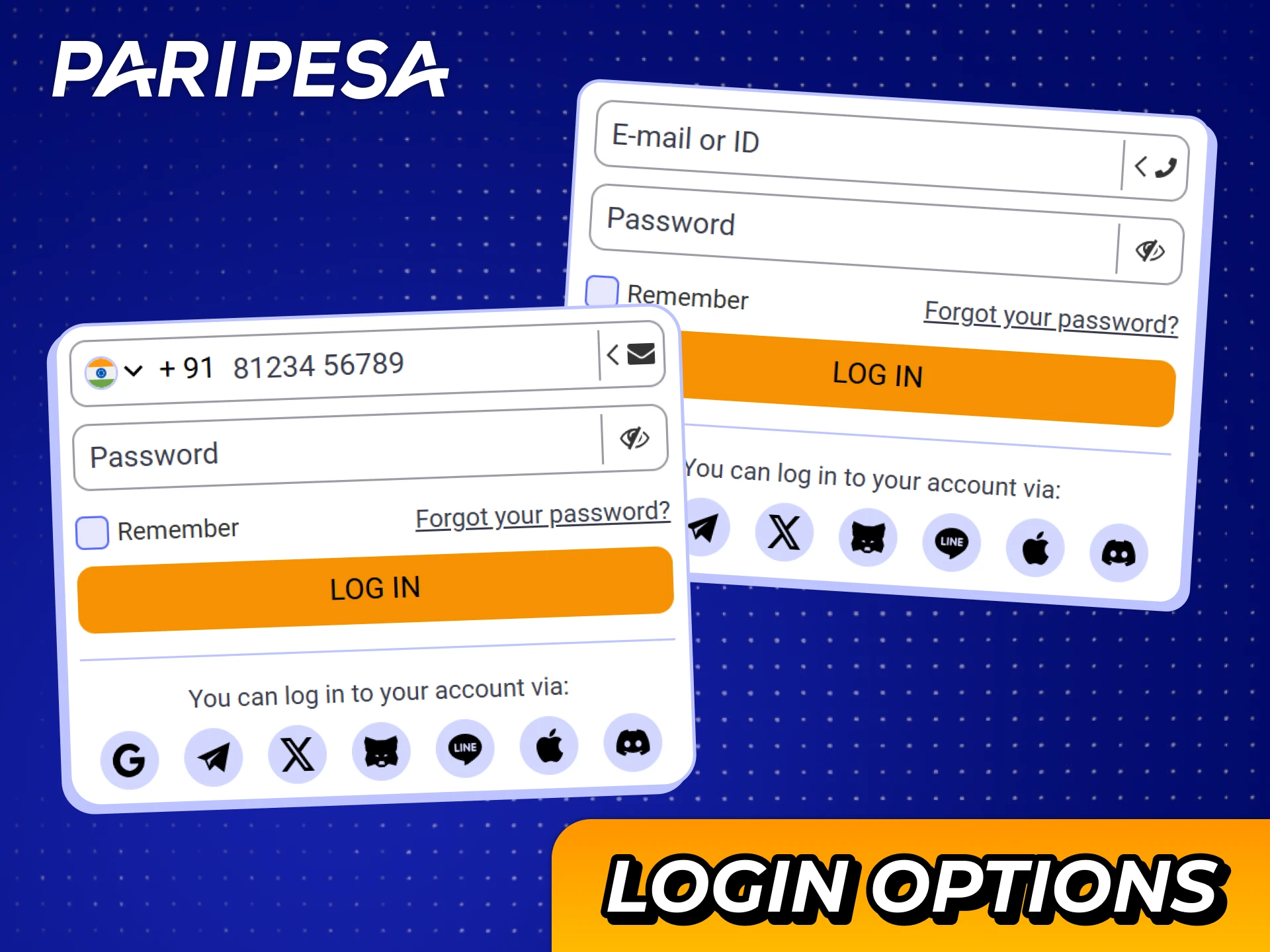 Sign in to your Paripesa account with one of three provided methods.