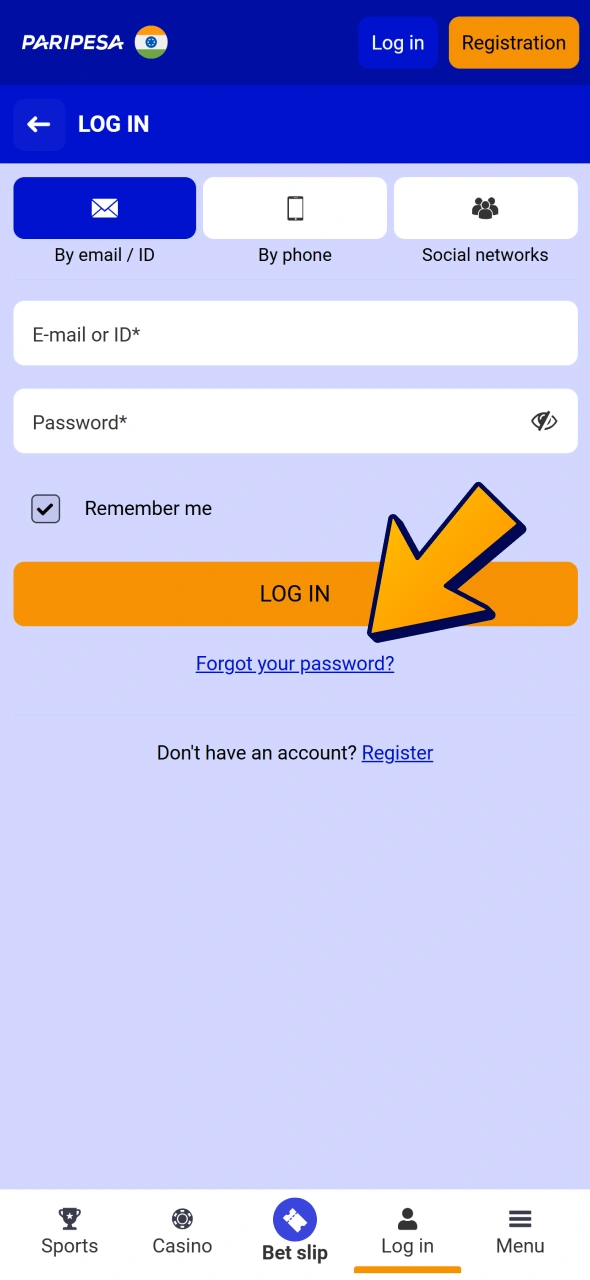Tap on the recovering account link under Login button at Paripesa.