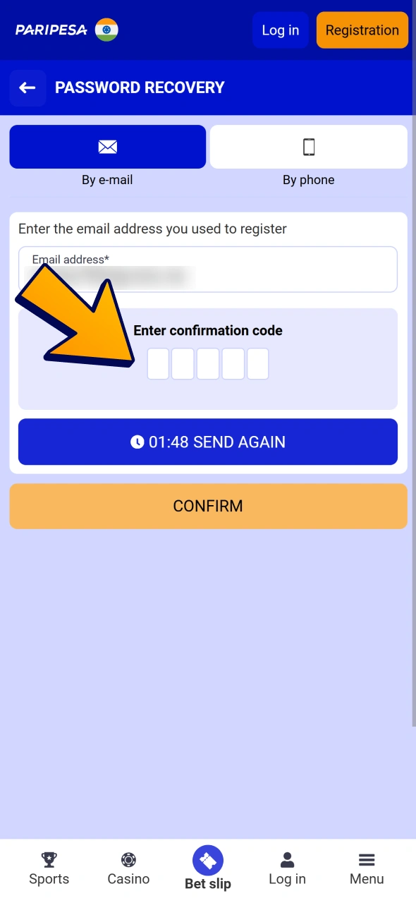 Get a code at your phone or email to restore your Paripesa account.
