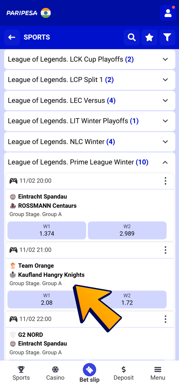 Open Paripesa sports and go to esports section to find League of Legends matches.