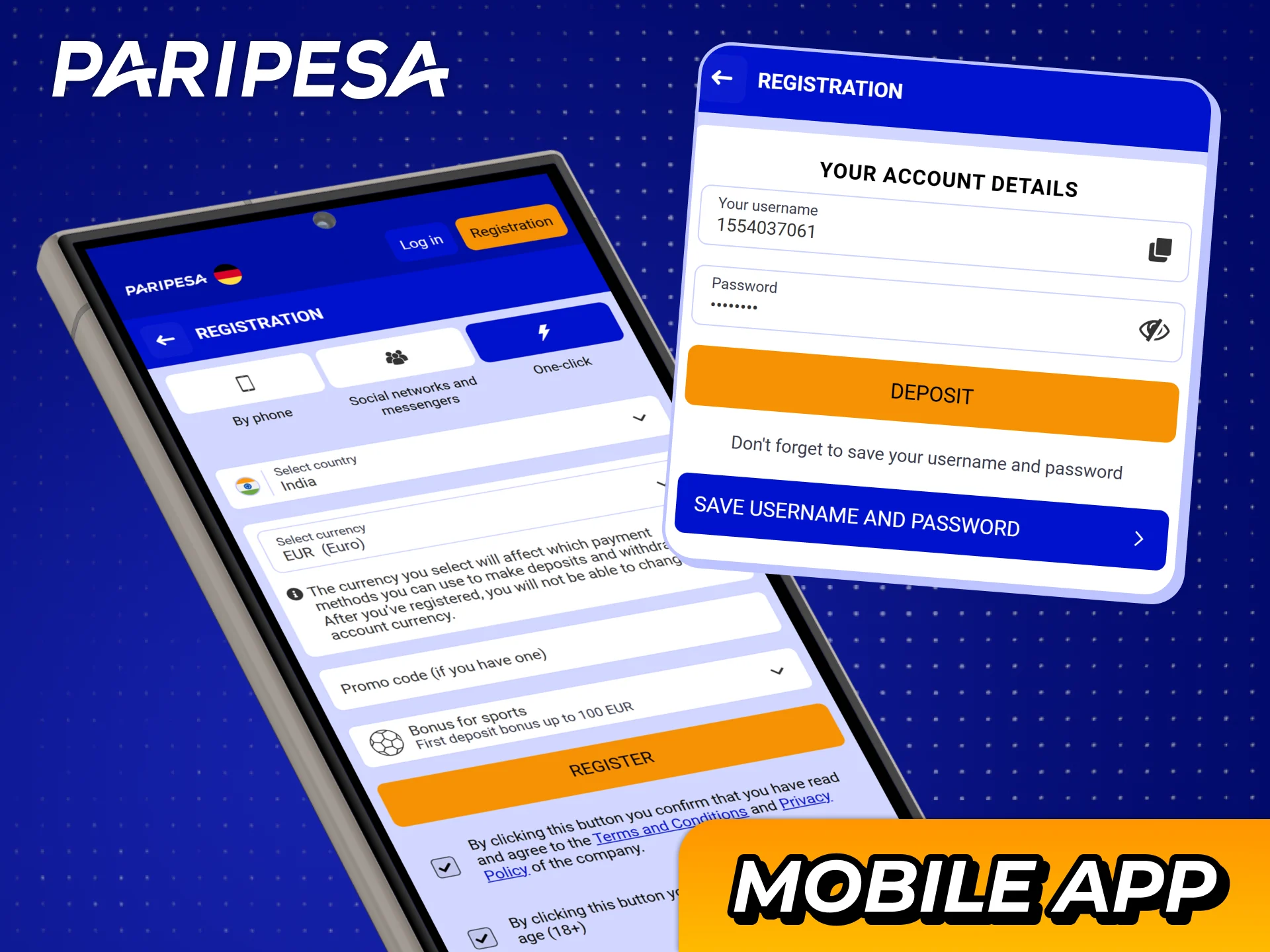 Register at official Paripesa casino using official app for android or ios.