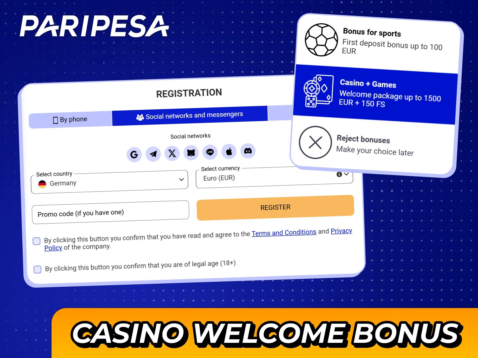 Get casino welcome bonus right after registration at Paripesa casino.