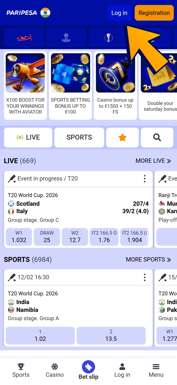 Find Login button on the top or bottom menu at Paripesa.