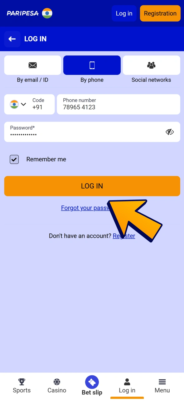 Click big login button to open your Paripesa account.