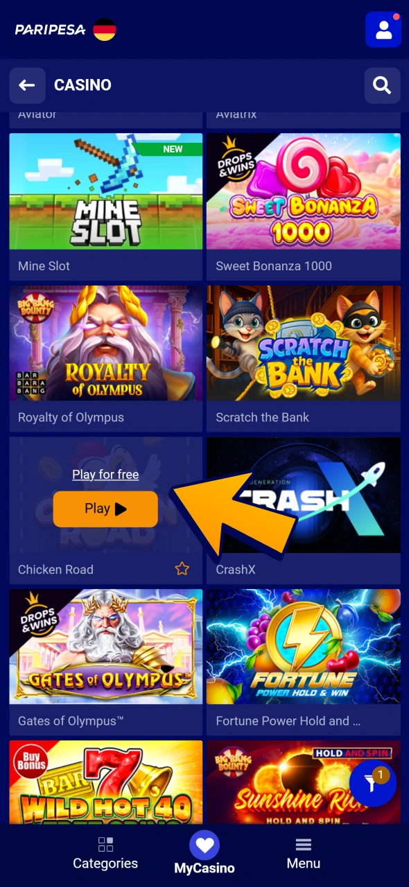 Select real play or demo version at paripesa casino.