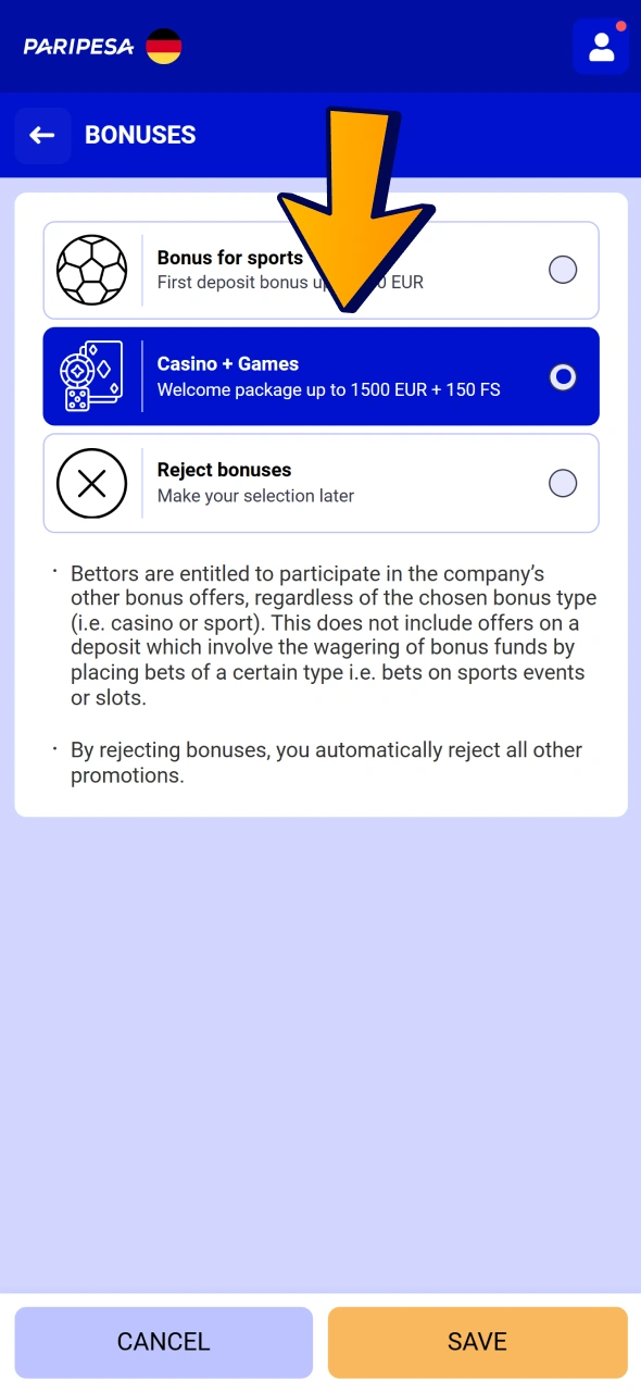 Choose welcome bonus for casino at your Paripesa profile.