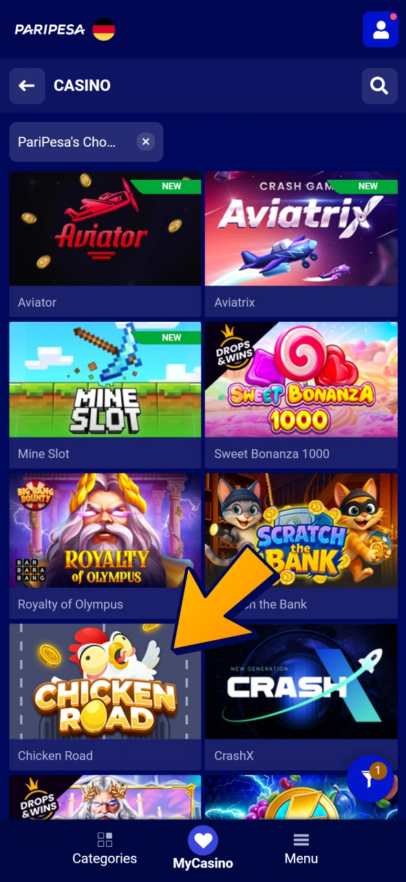 Open Paripesa casino section and choose game.