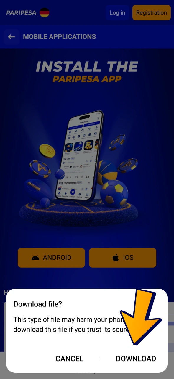 Click on download button and wait until Paripesa APK file will be ready to install.