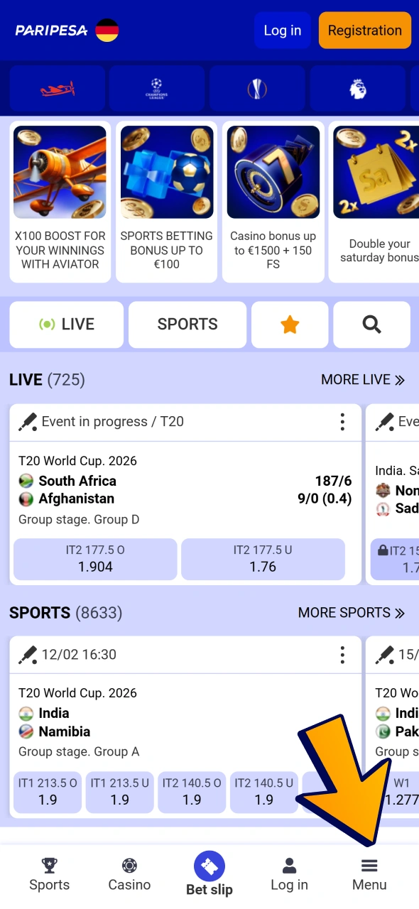 Open Paripesa manu and find App page.